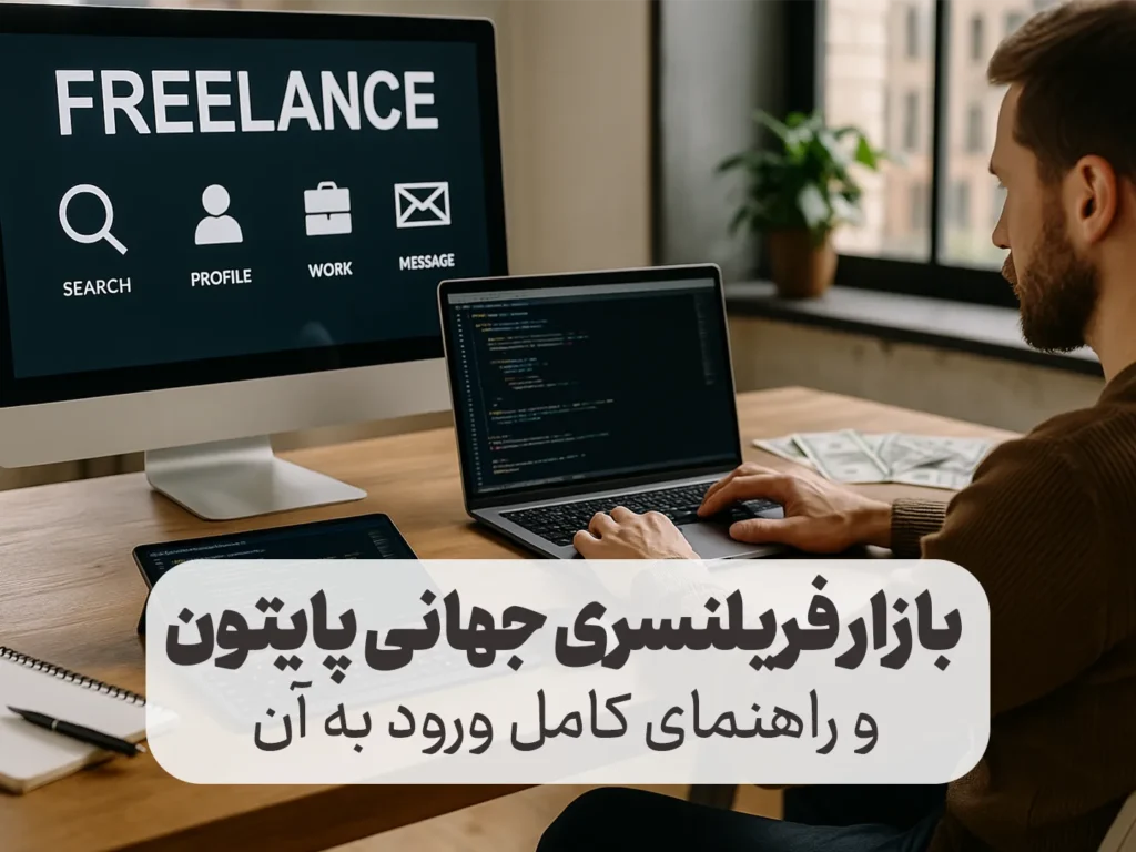 برنامه‌نویس در حال کدنویسی پشت لپ‌تاپ برای فریلنسری پایتون و ورود به بازار جهانی