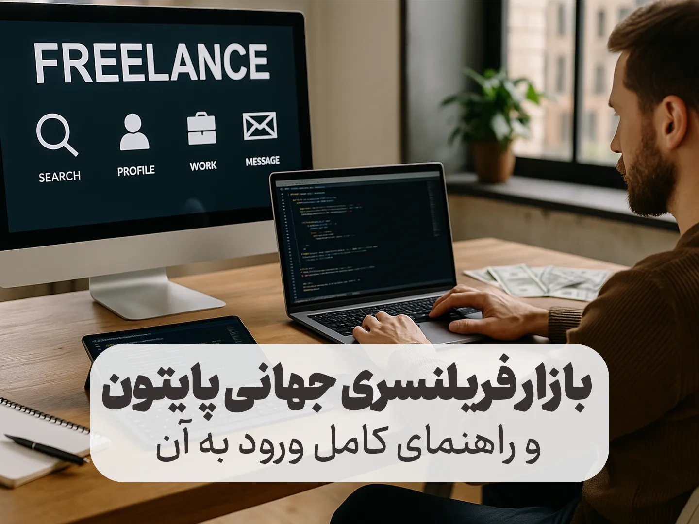 برنامه‌نویس در حال کدنویسی پشت لپ‌تاپ برای فریلنسری پایتون و ورود به بازار جهانی